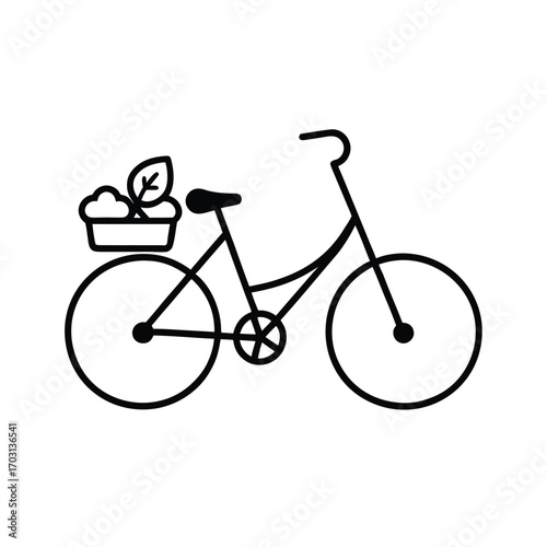 bicycle carrying basket of goods vector line art on white background