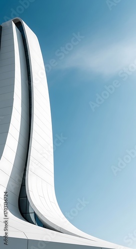A modern architectural , showcasing flowing lines and a minimalist aesthetic against a vibrant sky.