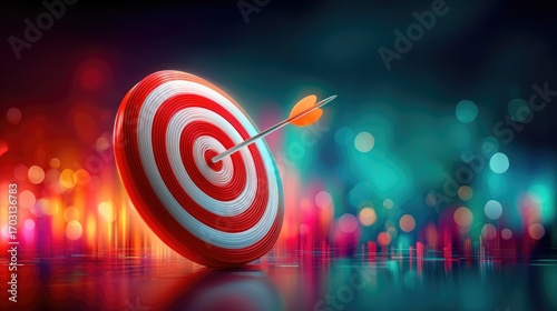 A glowing arrow hitting the bullseye of a futuristic digital target, surrounded by floating analytics graphs and success metrics