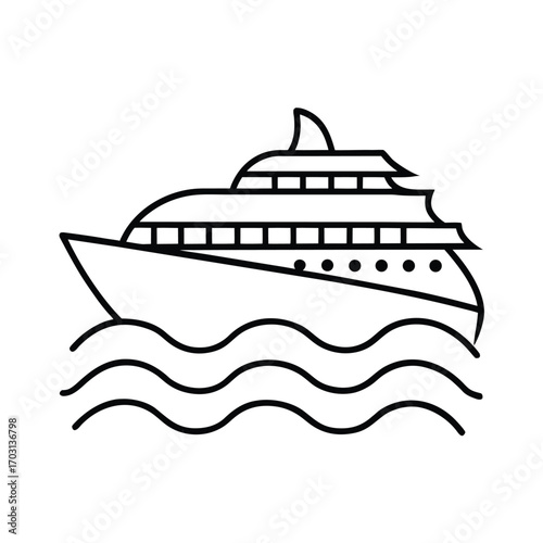 cruise ship with decorative waves vector line art on white background