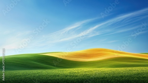 Gentle hills of varying shades of green and gold under a vibrant sky.