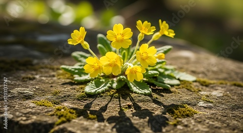 Yellow Primula Flowers Blooming on Rock.