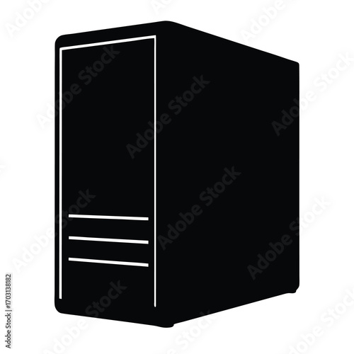 A black computer case silhouette showing a tower server design pattern