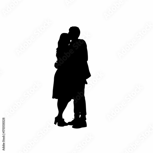 Silhouette of a couple embracing after reconciliation on a white background