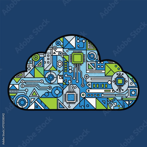 Abstract cloud design with circuit board and technological elements, representing cloud computing.