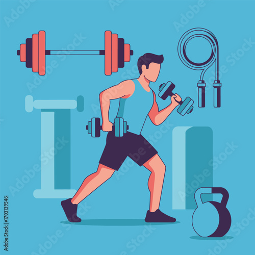 An illustration of a man performing a lunge with dumbbells, surrounded by various fitness equipment including a barbell, jump rope, kettlebell, and weight bench, all on a blue background.