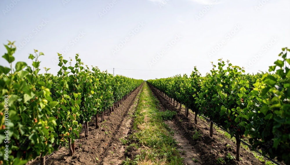 Naklejka premium Green Vineyard Rows Under a Bright Sky