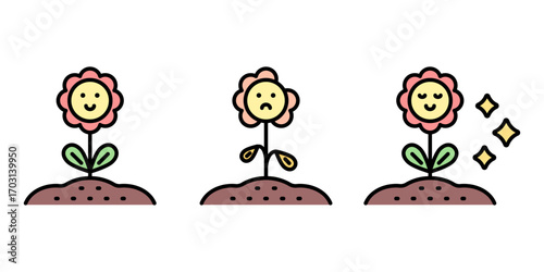 식물 꽃 캐릭터 컬러 라인 아이콘