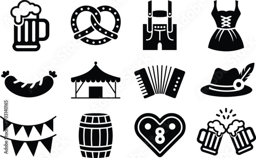 Black and white Oktoberfest icons with beer mugs, pretzels, lederhosen, dirndl dress, sausage, tent, accordion, and hearts