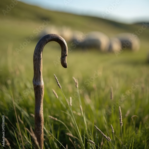 Rustic wooden shepherd crook stands in vibrant green grassy field. Sheep graze in blurred background under clear sky. Hand-made tool pastoral life, agriculture, traditional craftsmanship in peaceful