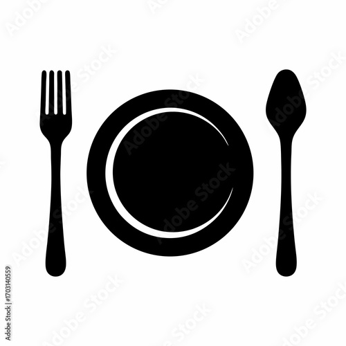 Simple Black and White Icon Illustration of Place Setting with Fork Spoon and Plate