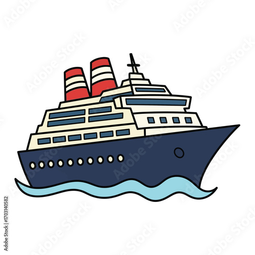 A colorful cartoon illustration of a large passenger cruise ship with two funnels, sailing on the ocean waves.