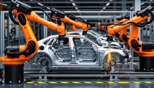 Automated manufacturing process of car bodies factory industrial photography modern environment close-up view robotics innovations