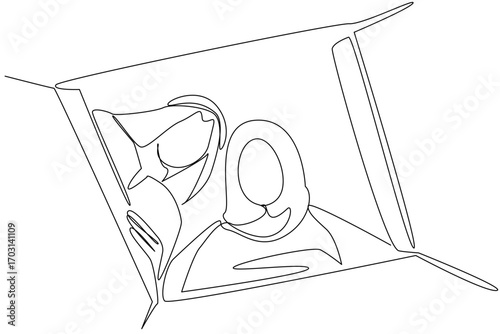 Single continuous line drawing an arab man and an arab woman open a cardboard box. A couple who really likes surprises. Surprise on holidays. Pleasant. Surprise. One line design vector illustration