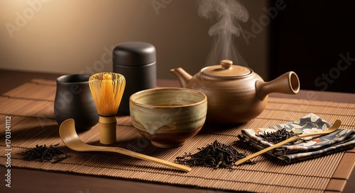 A steaming cup of tea with teapot and tea accessories on a bamboo mat