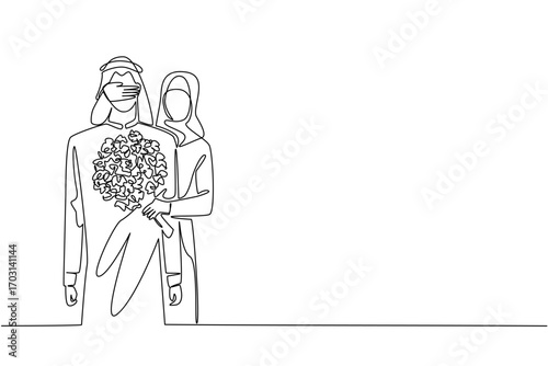 Single continuous line drawing an arab woman standing behind an arab man while covering his eyes with her hands. Romantic place to celebrate happiness. Surprise. One line design vector illustration