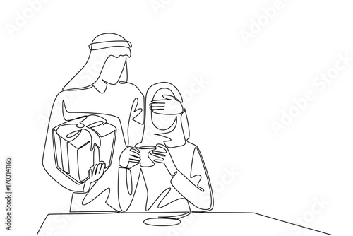 Continuous one line drawing an arab man standing behind an arab woman who is sitting enjoying coffee. Special surprise in the morning. Spouse. Surprise. Single line draw design vector illustration