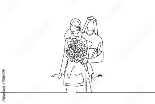 Single continuous line drawing an arab man standing behind an arab woman while covering her eyes with his hands. Surprises every day. Happiness together. Surprise. One line design vector illustration