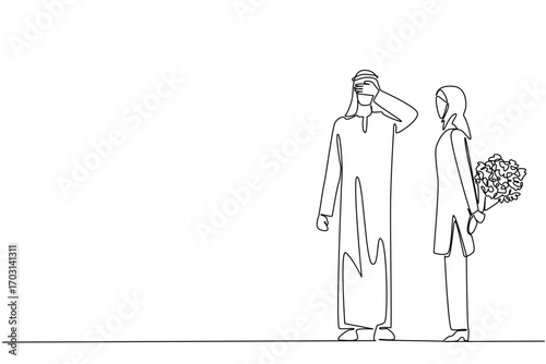 Single continuous line drawing an arab woman stands carrying a bouquet of flowers behind her body. Surprises from loved ones will always be beautiful. Surprise. One line design vector illustration