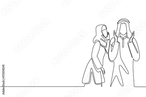 Single one line drawing an arab woman whispers to an arab man who raises both his hands. Talking about sensitive things in secret. Care. Loving. Surprise. Continuous line design graphic illustration
