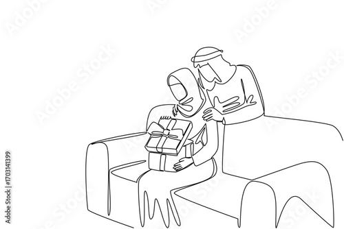 Single continuous line drawing an arab woman sitting on the sofa while opening a gift box. Opening a surprise gift from the beloved partner. Present. Surprise. One line design vector illustration