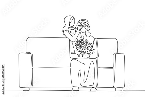 Single continuous line drawing an arab man sitting on the sofa holding a bouquet of flowers. A surprise from his beloved wife. Complete each other. Love. Surprise. One line design vector illustration