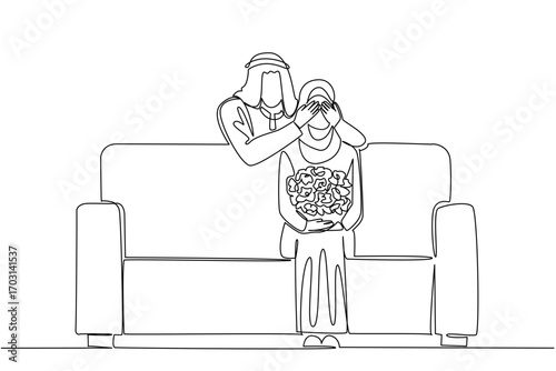 Continuous one line drawing an arab woman sitting on the sofa holding bouquet of flowers. Covering the eyes makes the curious. Perfect happiness. Surprise. Single line draw design vector illustration