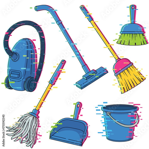 Illustration of various cleaning tools including a vacuum cleaner, mop, broom, and bucket.