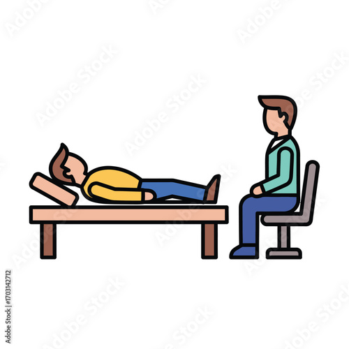 A man lies on a couch during a psychotherapy session, talking with a therapist who is sitting in a chair.