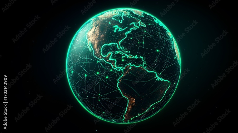 Obraz premium A glowing Earth is depicted against a black backdrop. The interconnected globe is illuminated with bright green lines and points, showcasing a network.