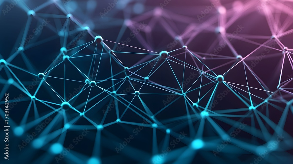 Obraz premium The image displays a network of connected nodes with blue and pink hues, suggesting a complex system or data visualization with a strong emphasis on connectivity.