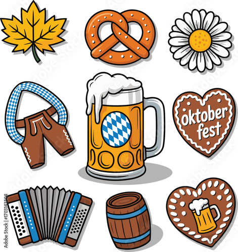 Colorful Oktoberfest icons set with beer mug, pretzel, lederhosen, accordion, gingerbread hearts, barrel, maple leaf, and daisy flower