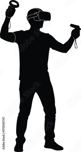Man silhouette playing virtual reality game holding controllers immersive technology entertainment vector