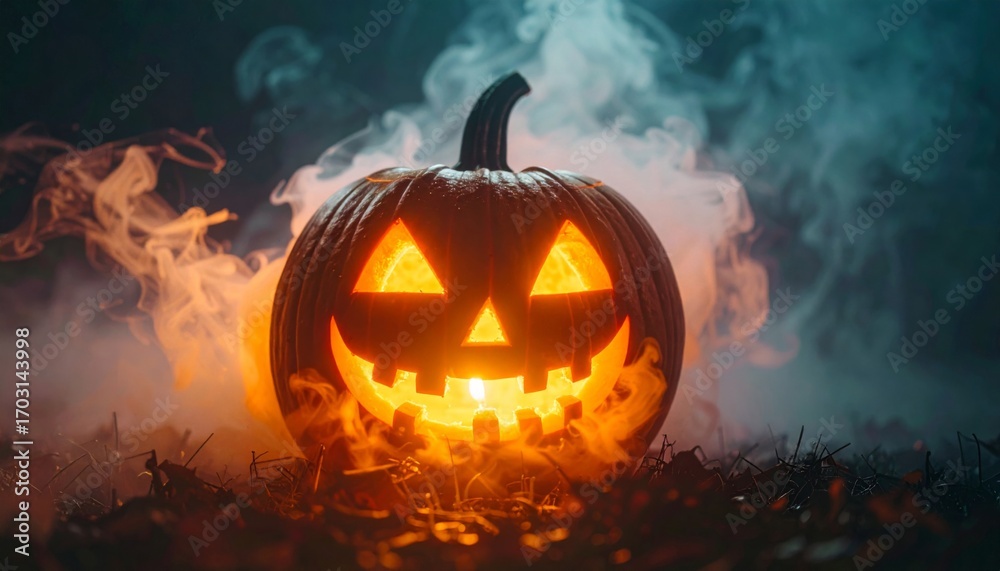 Fototapeta premium Illuminated Carved Halloween Pumpkin in Moody Background with Orange and Blue Smoke on Dark Ground