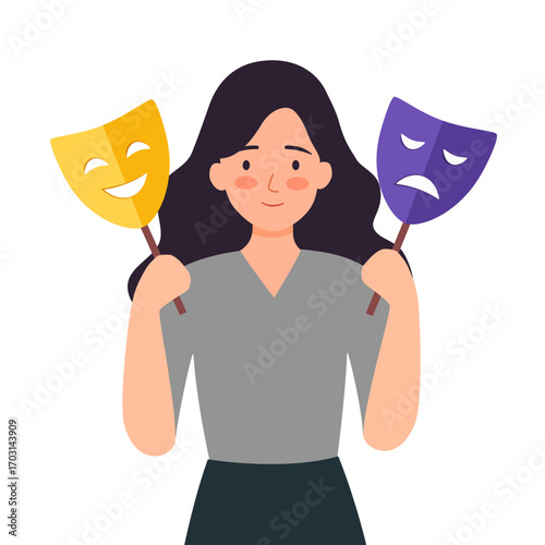 Woman with bipolar disorder symptom in flat design. Bipolar patient with mood swings sometimes in a good mood sometimes sad.