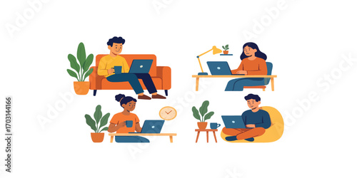 Print  A modern vector set of freelancer characters, men and women working from home with laptops, coffee, digital nomad lifestyle, cozy home office scenes, flat clean colorful design