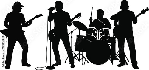 Silhouette rock band performing live on stage with instruments and microphone vector