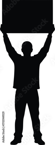 Silhouette figure holding up blank sign for announcement promotion message or information display vector