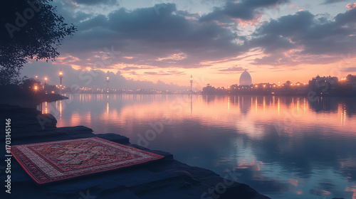 A serene riverside scene at dawn with glowing water