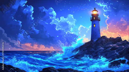 Summer night cartoon landscape with lighthouse on rocky coast