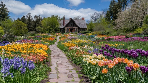 A picturesque pathway through a vibrant spring garden leads to a charming wooden house.
