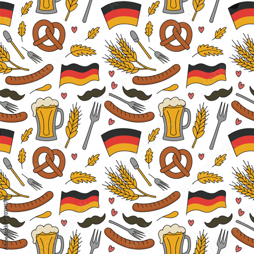 Colorful Oktoberfest seamless pattern with German flags, beer mugs, pretzels, sausages, wheat, forks, spoons, mustaches, and hearts