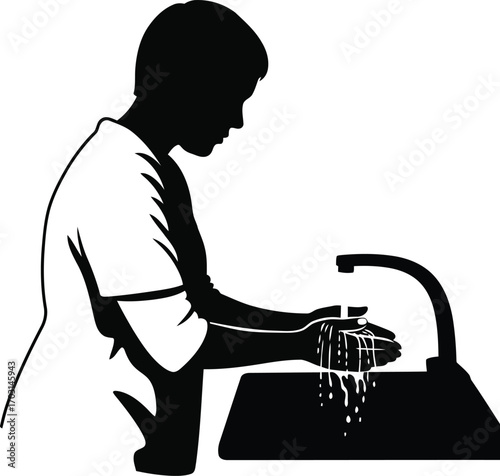 Child washing hands under running water at sink hygiene concept silhouette illustration vector