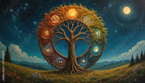 Wheel of Year illustration nature cyclical journey, Wicca, Pagan spirituality. Central tree with roots grounds dynamic seasonal changes, celestial bodies, set against starry night sky, rolling hills.