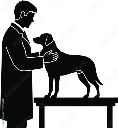 Man presenting dog on table professional grooming showing competition preparation silhouette vector