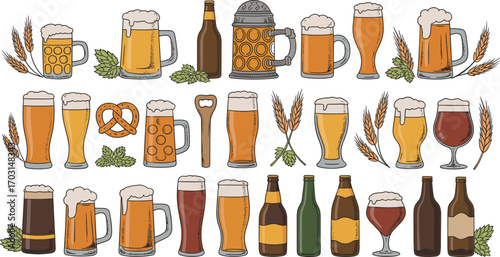 Hand-drawn Oktoberfest beer collection with mugs, bottles, glasses, hops, wheat, pretzel, and bottle opener in colorful vintage style