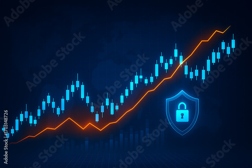 Cybersecurity in financial trading with candlestick stock chart showing secure investment data protection technology