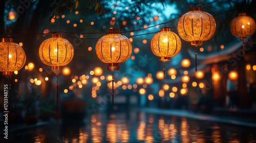 Lanterns illuminate a serene street, creating a warm, inviting ambiance for nighttime celebrations and festivities. Capturing the rich culture and joy, a visual feast for the senses.