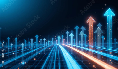 Glowing arrows rise from a digital grid in blue and orange tones, symbolizing growth, progress, and innovation in a futuristic tech-driven landscape.