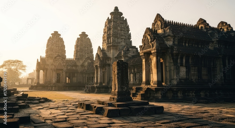 Fototapeta premium Ancient stone structures, bathed in golden sunrise light, stand majestically in a serene Asian temple complex
